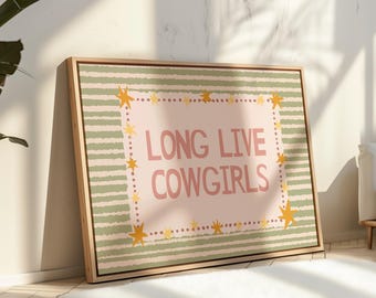 Estampado verde salvia "Viva las vaqueras" Decoración vintage rosa estilo western para guardería infantil, sala de juegos, arte de pared a rayas, póster retro boho, decoración de pared estilo cabaña
