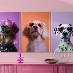 Set of 3 Dog Puppy Posters, Dalmatian in Heart Sunglasses Print, Fun Kid&#39;s Room Decor, Colorful Eclectic Dog Print, Cute Puppy Wall Art