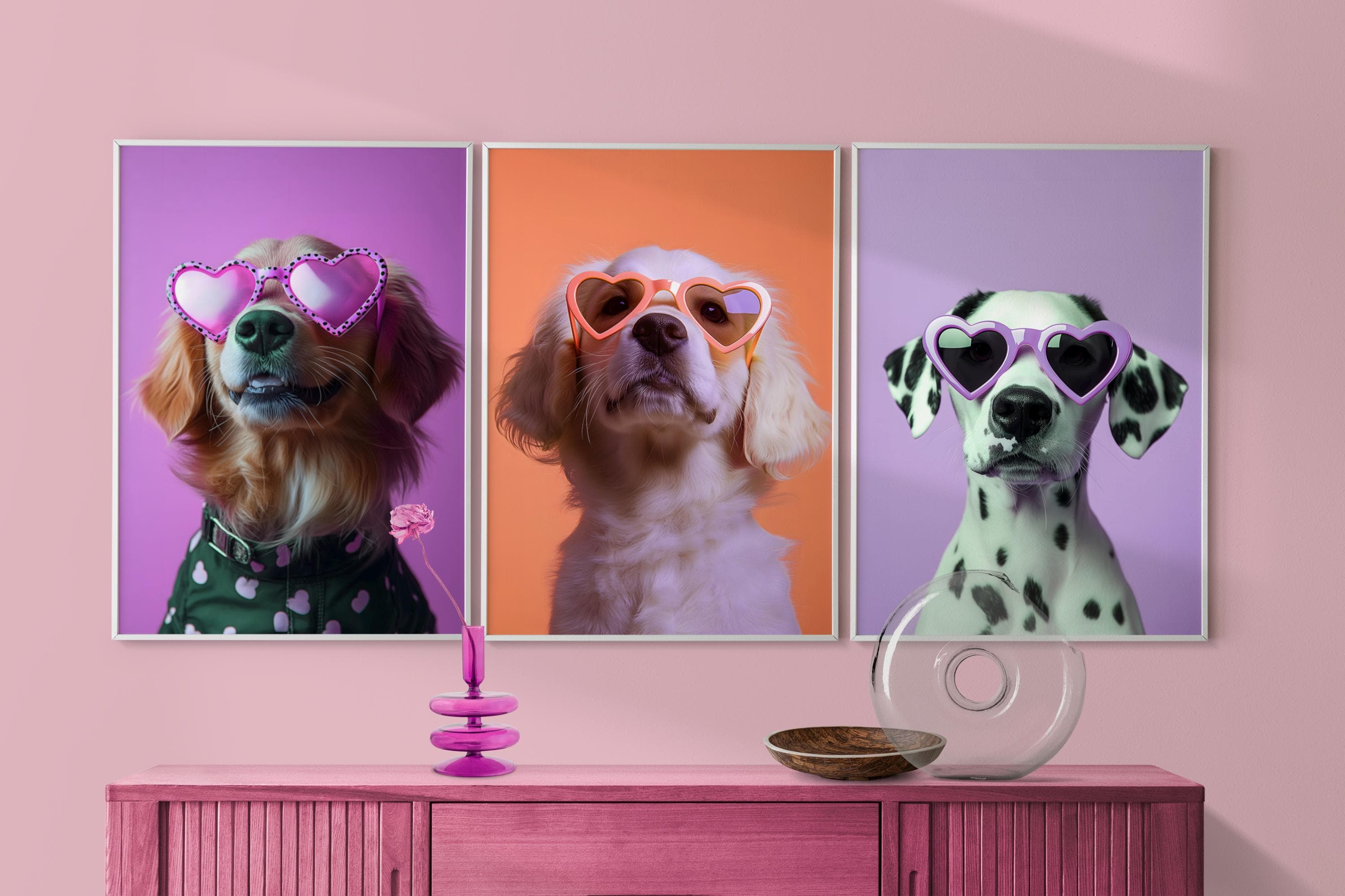 Set of 3 Dog Puppy Posters, Dalmatian in Heart Sunglasses Print, Fun Kid's Room Decor, Colorful Eclectic Dog Print, Cute Puppy Wall Art