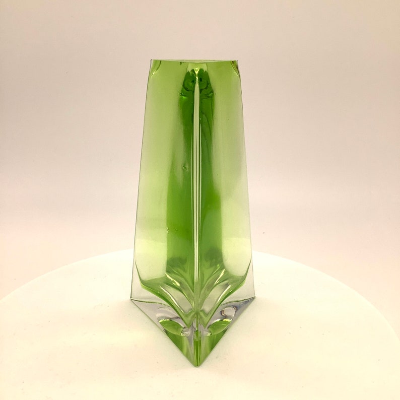 Vintage Small Green Glass Vase Triangle Form, 1890's, Czech Blown Glass