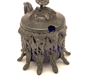 Tin floral art nouveau pewter mustard (or sugar, salt, chia, honey) pot with blue glass cylinder - Brussels 1895