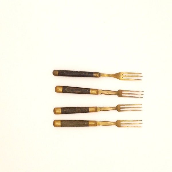 A Set of 4 Vintage Austrian Wooden Handled Brass Dessert Forks - Art Nouveau Cutlery- OR your fork upcycling project -