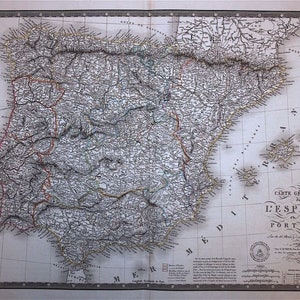 Antike Karte von Spanien und Portugal von 1821 Große und detaillierte Litographie der Iberischen Halbinsel