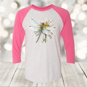Summer Raglan, Watercolor Daisy And Dragonfly, Spring Flowers, Unisex Next Level Raglan Three Quarter Sleeve