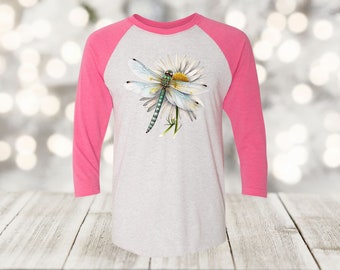 Summer Raglan, Watercolor Daisy And Dragonfly, Spring Flowers, Unisex Next Level Raglan Three Quarter Sleeve