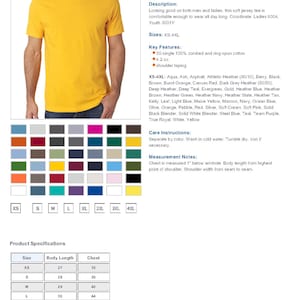 May include: A yellow unisex jersey tee shirt with short sleeves. The shirt is made of 100% combed and ring-spun cotton. The shirt is available in sizes XS-4XL. The shirt is shown on a white background. Style: 3001
