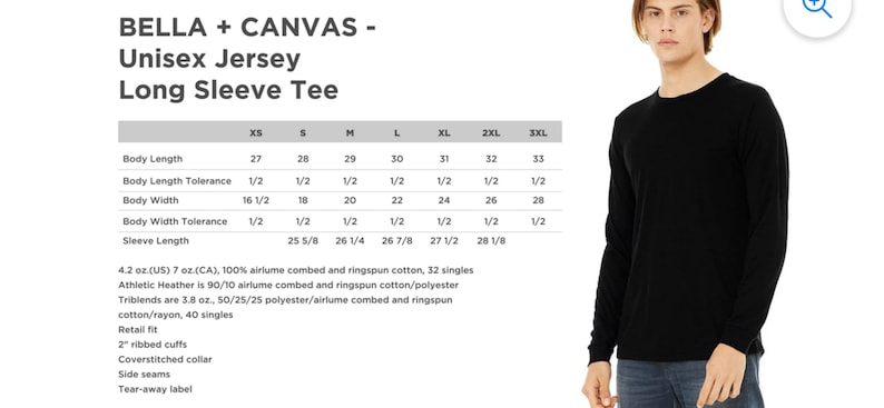 May include: A size chart for a long-sleeved unisex jersey t-shirt. The chart shows measurements in inches for body length, body width, and sleeve length. The chart also includes information about the fabric composition and weight.