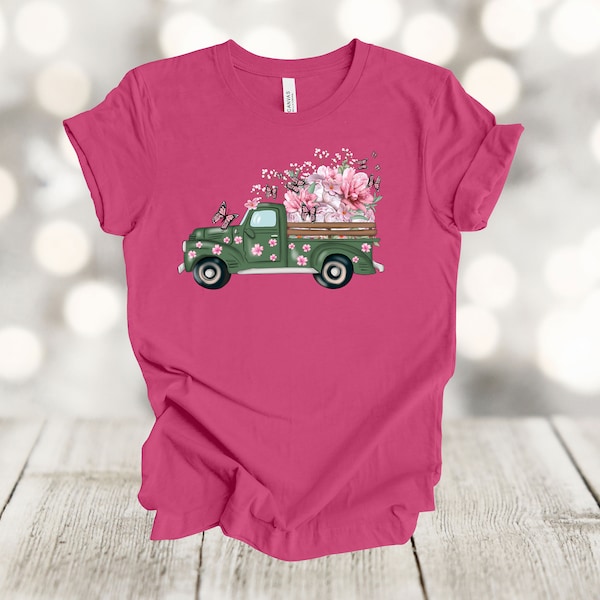 Spring Shirt, Old Truck Filled With Pink Flowers And Butterflies, Spring Truck, Premium Soft Unisex Shirt, Plus Sizes 2x, 3x, 4x Available