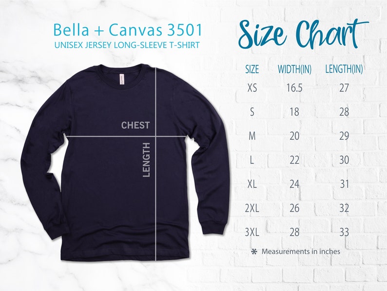 May include: Size chart for a unisex long-sleeve t-shirt. The chart shows the width and length in inches for sizes XS to 3XL.