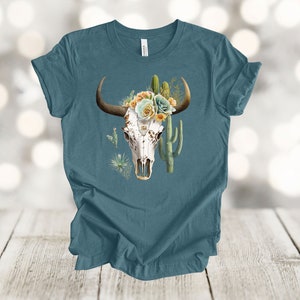 Western Shirt, Watercolor Cow Skull And Cactus, Bull Skull, Desert Cactus And Cow,  Premium Soft Unisex, Plus Size Available 2x, 3x, 4x