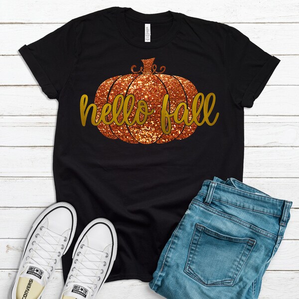 Hello Fall Pumpkin Embellished Thanksgiving Graphic Tee
