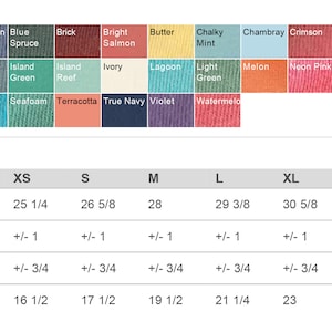 May include: A chart showing finished measurements for a t-shirt in sizes XS to 3XL. The chart includes measurements for body length, body length tolerance, chest tolerance, and chest width (laid flat). Measurements are in inches.