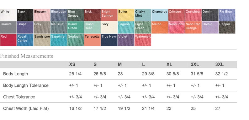 May include: A chart showing finished measurements for a t-shirt in sizes XS to 3XL. The chart includes measurements for body length, body length tolerance, chest tolerance, and chest width (laid flat). Measurements are in inches.