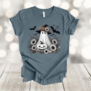 Floral Ghost Halloween Shirt: Spooky Pumpkin & Bats Unisex Tee
