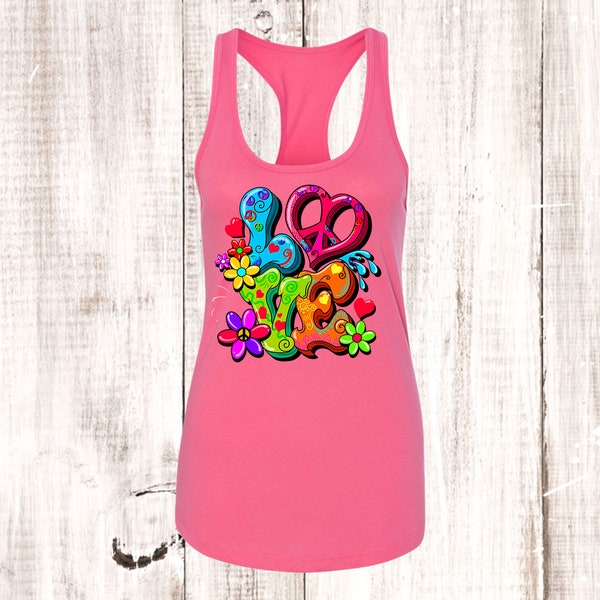 Hippie Tank Top, Peace Love, Colorful Peace Tank Top, Summer Tank Top, Next Level Women's Ideal Racerback Tank