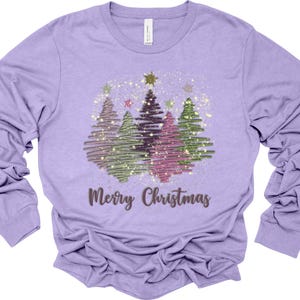 Christmas Long Sleeve, Zig Zag Printed Christmas Trees, Merry Christmas, Faux Glitter, Plus Size Available, Bella Canvas Long Sleeve Unisex