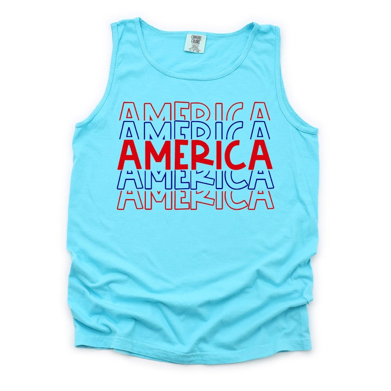 Comfort Colors Patriotic Tank Top: Repeating America USA Design Sapphire Tank