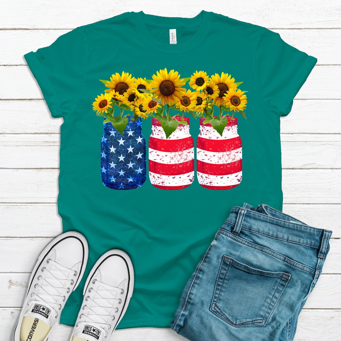 American Flag Jars Filled With Sunflowers Premium Soft Tee | Etsy