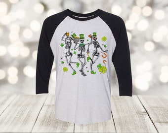 Green Clover Skeleton Raglan: Irish St. Patrick's Day Shirt