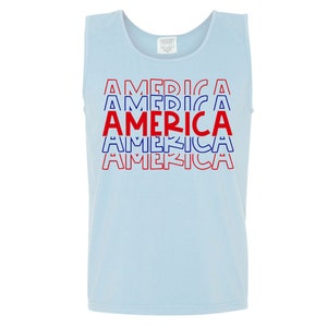 Comfort Colors Patriotic Tank Top: Repeating America USA Design Chambray Tank