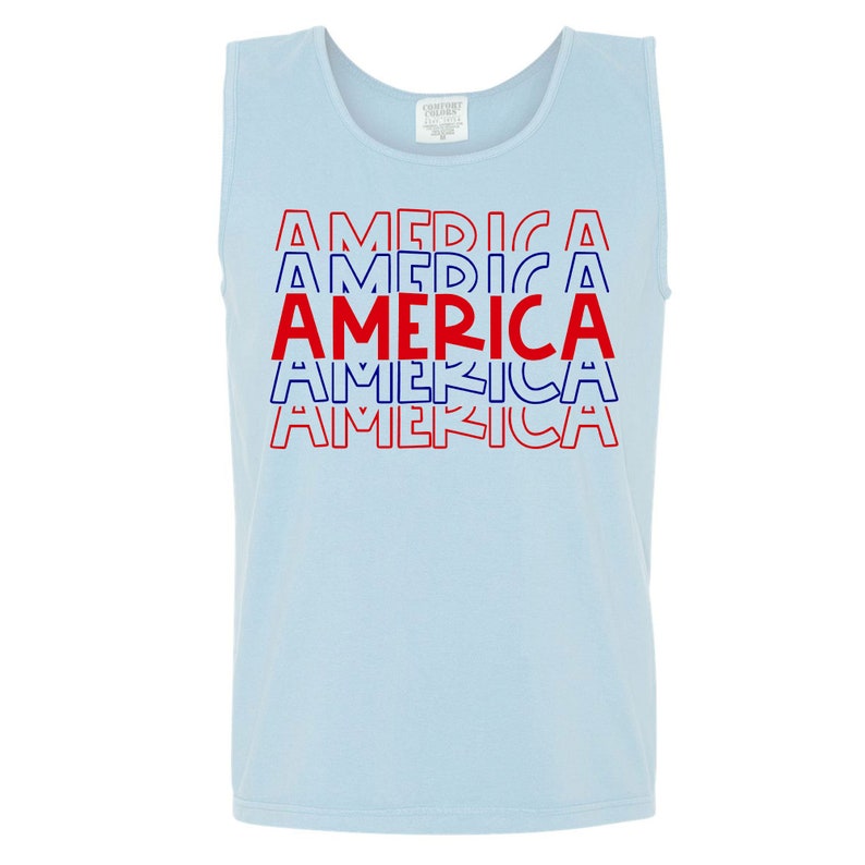 Comfort Colors Patriotic Tank Top: Repeating America USA Design Chambray Tank