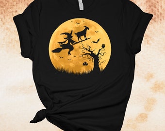Halloween Witch And Goat Riding Broom, Goat Halloween, Goat Lover, Farm Halloween, Premium Soft Unisex Tee, Plus Size 2x, 3x, 4x Available