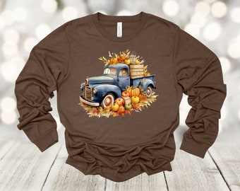 Fall Truck & Pumpkins Short or Long Sleeve Unisex Shirt: Vintage Autumn Design