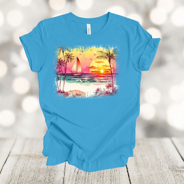Beach Vacation Shirt, Tropical Sunset Shirt, Sailboat, Island Shirt, Ocean Shirt, Premium Soft Unisex Tee, Plus Size 2x, 3x, 4x