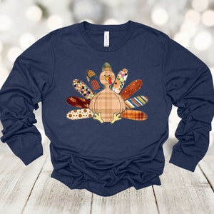 Fall Long Sleeve, Patchwork Turkey, Thanksgiving Turkey, 2x, 3x, Plus Size Available, Bella Canvas Long Sleeve Unisex