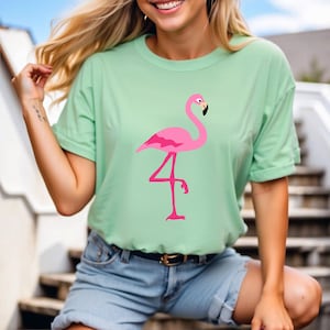 May include: A light green t-shirt with a pink flamingo graphic. The flamingo is standing on one leg and has a black beak.