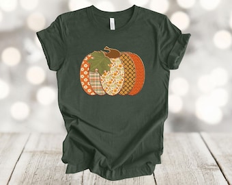 Patchwork Pumpkin Print Shirt: Retro Fall Unisex Tee, Faux Quilted Pumpkin