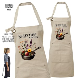 Heavy Cotton Canvas Baking Apron: Bless This Kitchen, Cast Iron Design