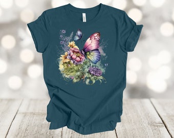 Butterfly Floral Shirt, Watercolor Butterfly And Flowers, Vintage Looking Butterfly, Premium Soft Unisex Tee, Plus Size 2x, 3x, 4x Available