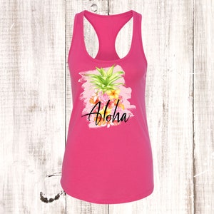 Summer Tank Top, Aloha Pineapple Flowers, Vacation Tank Top, Next Level Women&#39;s Ideal Racerback Tank