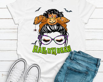 Super Cute HalloQueen, Messy Bun Halloween, Halloween Mom,  Premium Unisex Tee, Choice Of Shirt Color, 2x, 3x, 4x, Plus Size Available