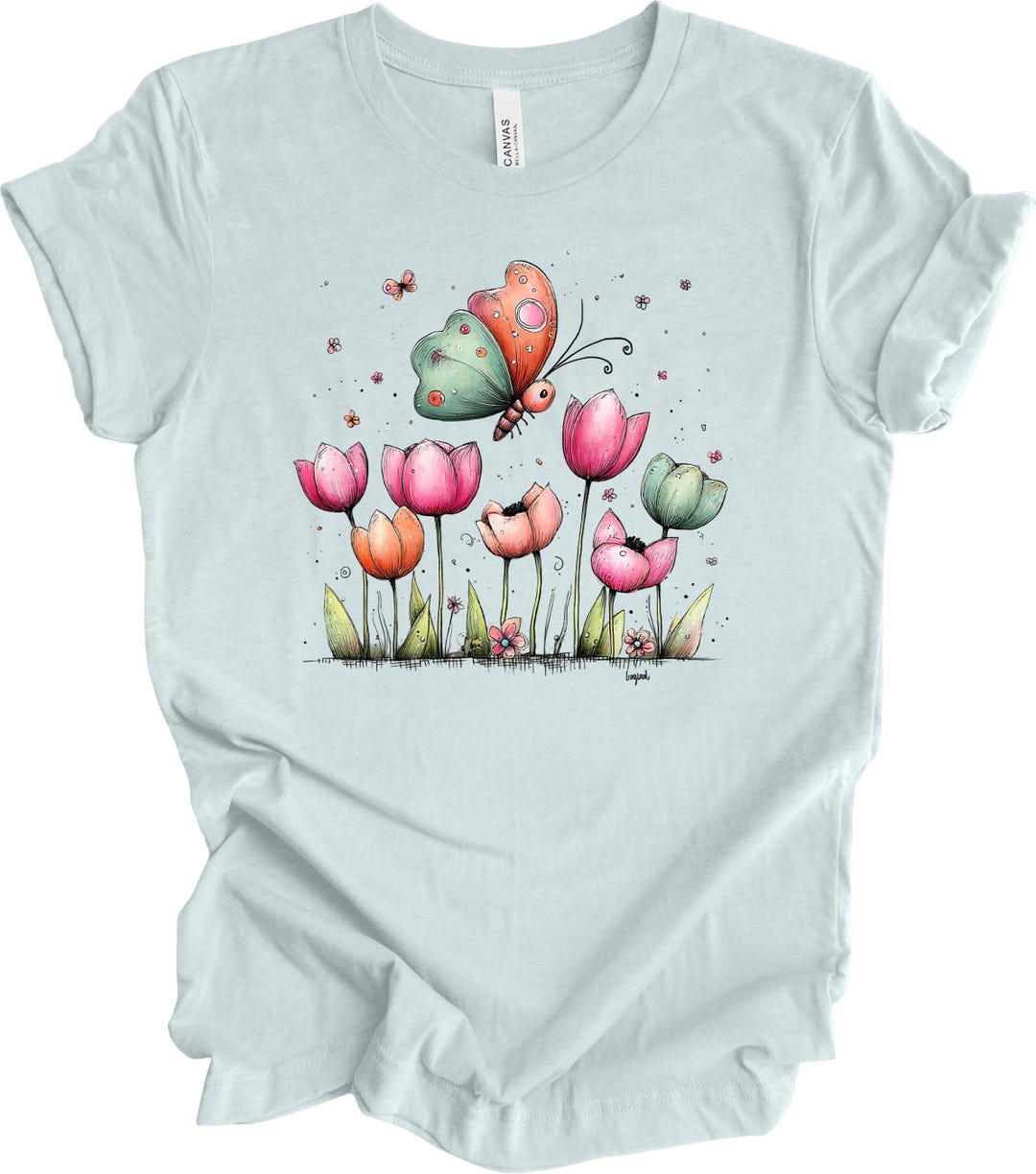 Whimsical Butterfly and Tulips, Flower Unisex Shirt - Etsy