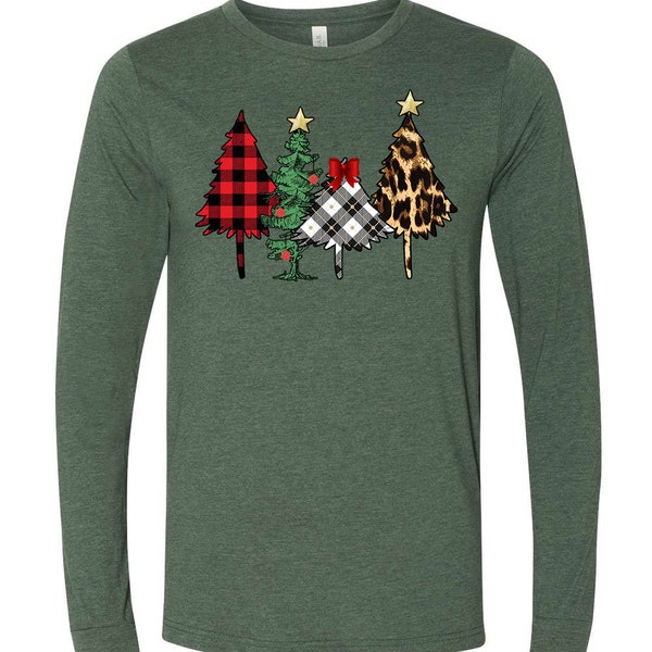 Christmas Shirt, Buffalo Plaid Leopard Print Green Christmas Trees, Christmas, Bella Canvas Long Sleeve Unisex, 2x, 3x, Plus Size Available