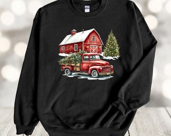 Red Truck Christmas Tree Sweatshirt: Vintage Barn Holiday Style