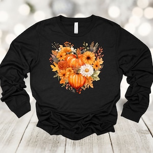 Fall Long Sleeve,Heart Shaped Pumpkins, Fall Flowers, Autumn Leaves, Halloween Shirt, Bella Canvas Long Sleeve Unisex, Plus Sizes Available