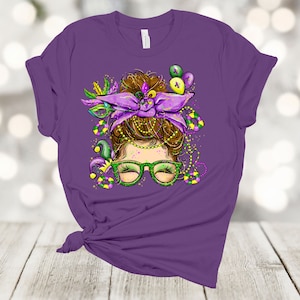 Mardi Gras Shirt, Messy Bun Mom, Mardi Gras Mom, Beads, Fleur De Lis, King Cake, Premium Soft Unisex, Plus Size Available