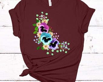 Flower Shirt, Colorful Pansies, Watercolor Pansy Shirt, Wildflower Tee Shirt, Premium Soft  Unisex Tee, Plus Size 2x, 3x, 4x