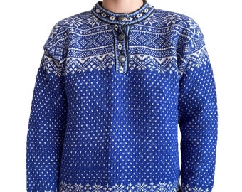 Vintage LL Bean Womens Cobalt Blue 100% Wool Fair Isle Nordic Sweater Sz M