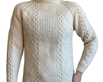 Vintage Womens Hand Knit 100% Wool Chunky Fisherman Crewneck White Sweater Sz M