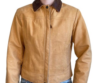 Vintage Lone Pine Womens Brown Leather Full Zip Western Lumberjack Plaid Jacket