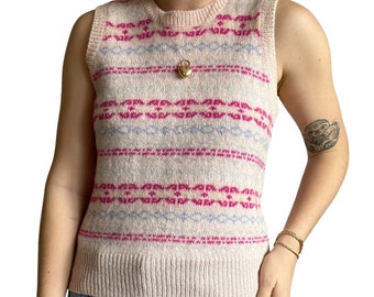 Vintage 80s Womens Hand Knit Pink Eagles Eye 100% Wool Preppy Sweater Vest Sz S