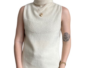 Vintage 90s 100% Wool Preppy White Sleeveless Turtleneck Sweater Vest Sz M