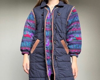 Vintage Women's 80s Navy Geometric Fleece Puffer Hiking Coat Jacket Size Medium