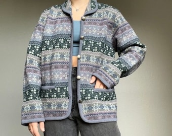 Vintage Wool Snowflake Striped Oversized Hiking Cardigan Size Large
