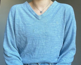 Vintage 90s Christian Dior Women's Blue V Neck Long Sleeve Oversized Sweater L