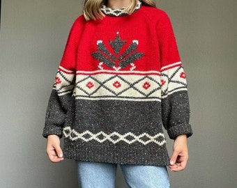 Vintage 90s Fair Isle Snowflake Nordic Style Oversized Striped Sweater Size Large